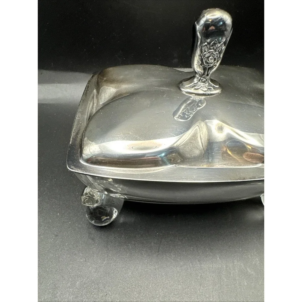 International Silver Square Lidded Crystal Candy trinket Dish Ball Feet
